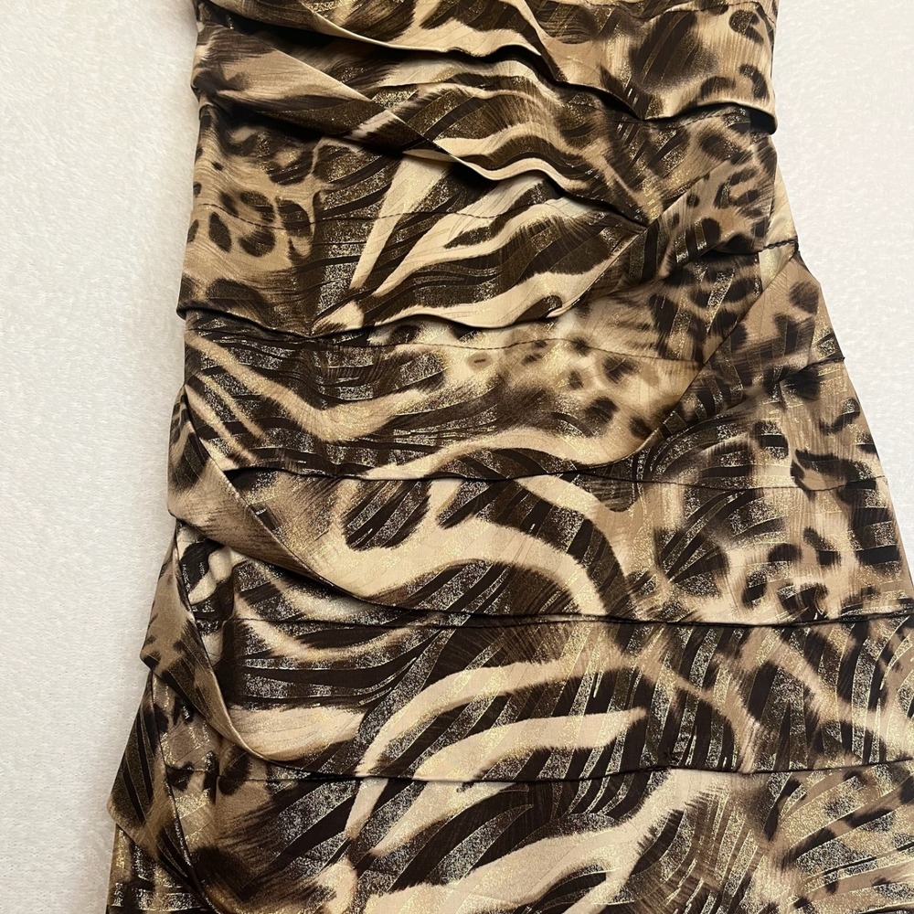 Animal Leopard Print Dress Brown Tan Gold Sleeveless V-Neck Party Cocktail M - Picture 6 of 11